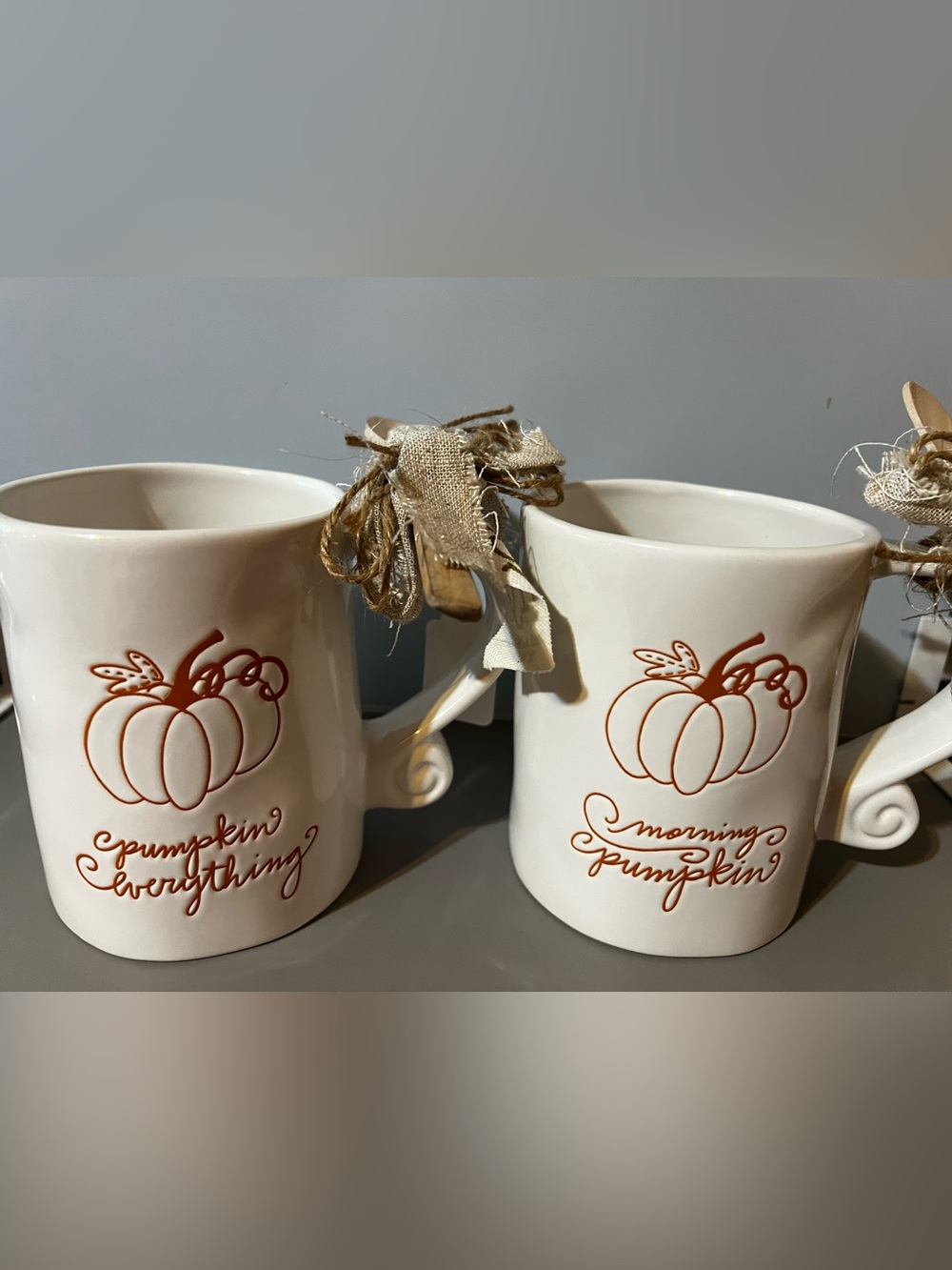 Fall Thanksgiving Pumpkin Large Coffee Mugs With Wood Spoon NWT